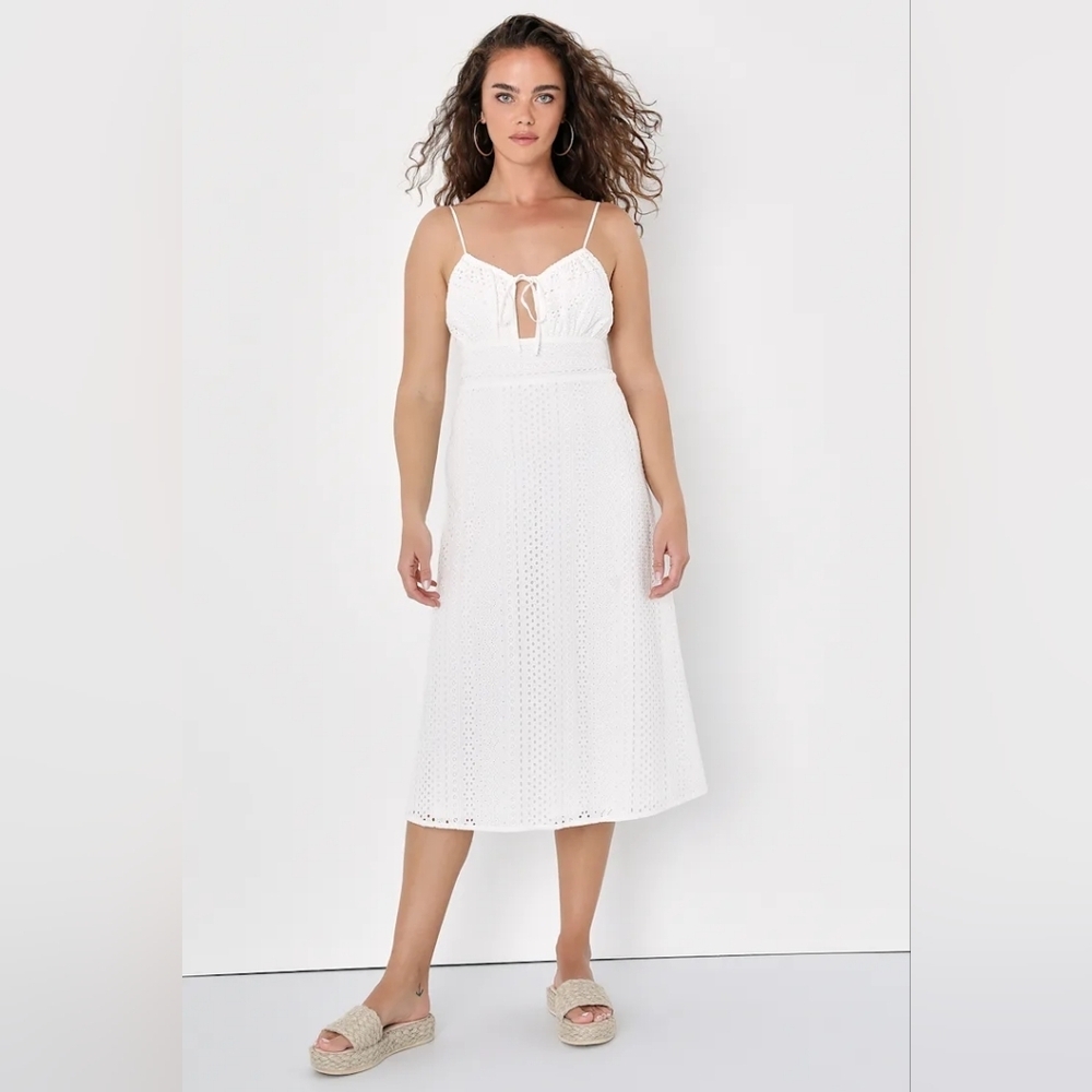 Lulu's Adored Aura White Eyelet Embroidered Cutout Midi Dress